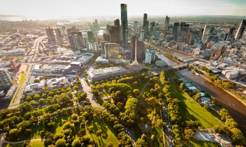 Helicopter, wide-shot of Melbourne City