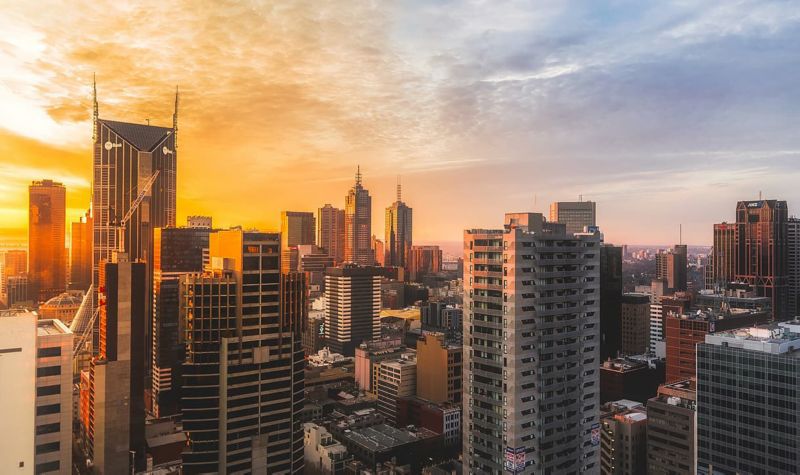 Melbourne city skyline at sunset