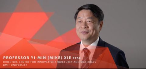  Photo of Mike Xie looking at an angle off camera and smiling. Bottom left of image has transparent red shapes as an overlay and white text saying "Professor Yi-Min (Mike) Xie FTSE" and "Director, Centre for Innovative Structures and Materials RMIT University"