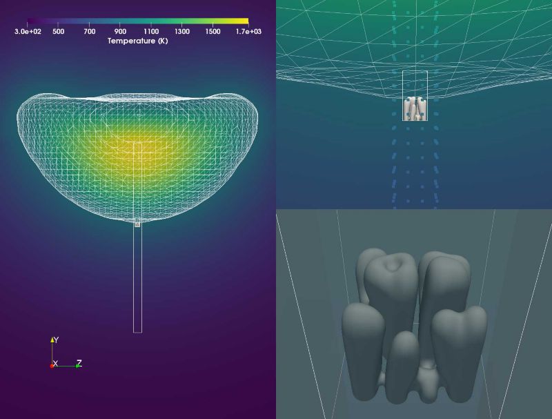 Figure 1: Computational fluid dynamics simulation of melt pool linked to phase field model of alloy microstructure