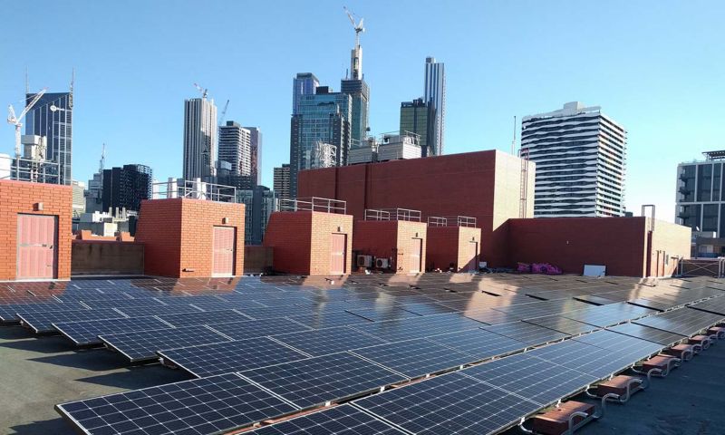 Solar panels on a RMIT City campus rooftop.