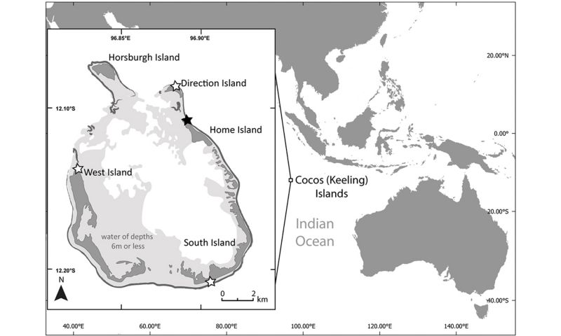 Map showing the Cocos (Keeling) Islands off the west Australian coast.