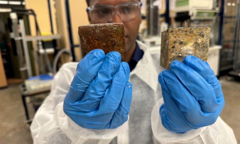 Dr Biplob Pramanik shows the difference between a concrete block coated with his team’s anti-fatberg invention (left) compared to a block without any coating after undergoing an experiment that mimicked a sewer environment under extreme conditions to speed up the fatberg formation process. The white coloured blobs on the uncoated block are a mixture of fat, oil and grease (FOG) that have been deposited on the block. Credit: Will Wright, RMIT University