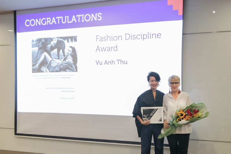 Fashion Merchandising Management graduate Thu Vu (left) and Head of Design Professor Julia Gaimster at the School of Communication & Design’s award ceremony.