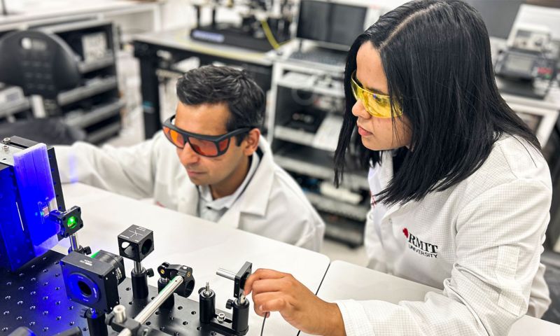 Professor Sumeet Walia (left) and PhD researcher Aishani Mazumder with a demonstration (using visible light) of the team's experiment that used ultraviolet light. Credit: RMIT University