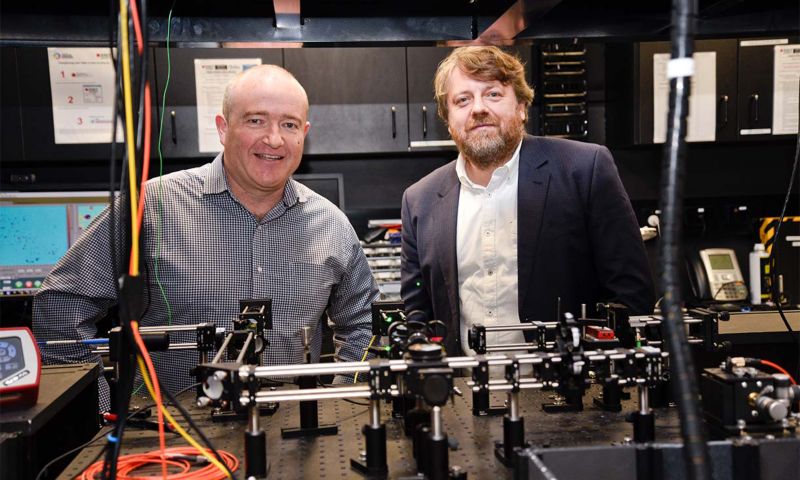 Co-researchers Professor Brant Gibson (left) and Professor Andrew Greentree in the ARC Centre of Excellence for Nanoscale BioPhotonics laboratories at RMIT University. Photo: RMIT University