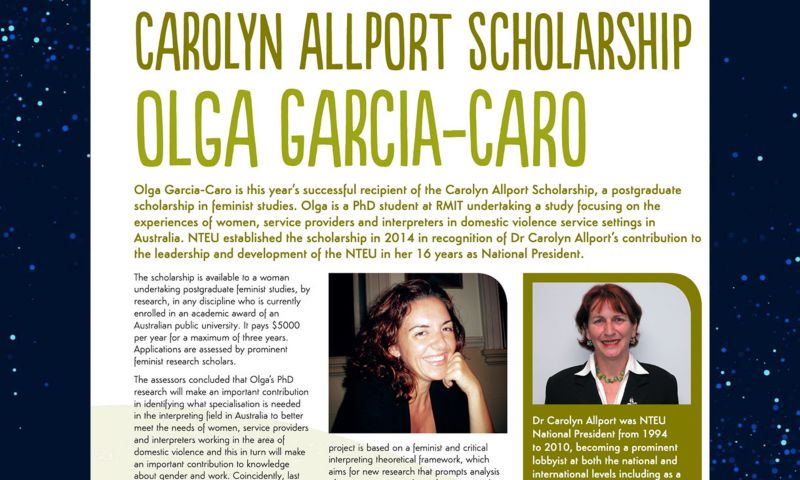 Screenshot of an article about Olga García-Caro. The article's headline says "Carolyn Allport Scholarship Olga García-Caro" in capital letters. A photo of Olga is featured in the article. On the right hand side is a photo of Dr Carolyn Allport.