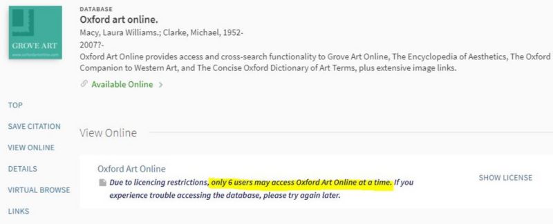 Example LibrarySearch record for Oxford Art Online database. The View online section note indicates up to 6 concurrent users .