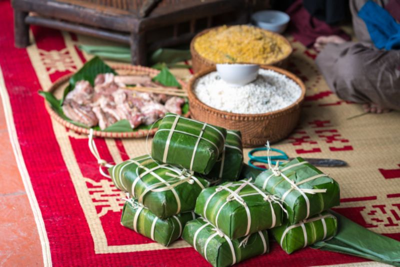 A pile of banh chung traditional cake