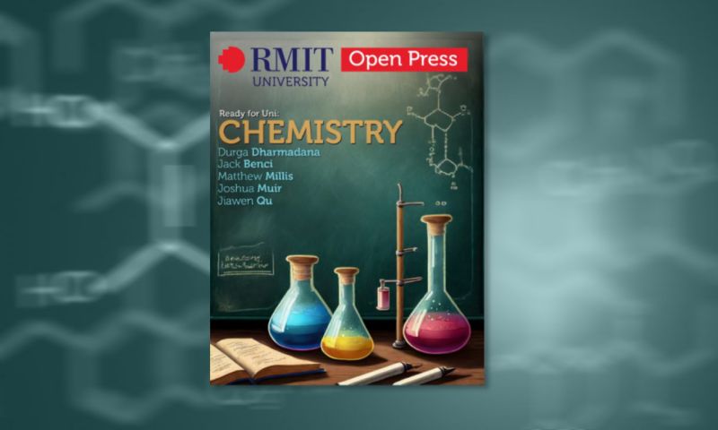 Image of book cover featuring beakers filled with colourful liquid and a blackboard with chalk in the background of image.