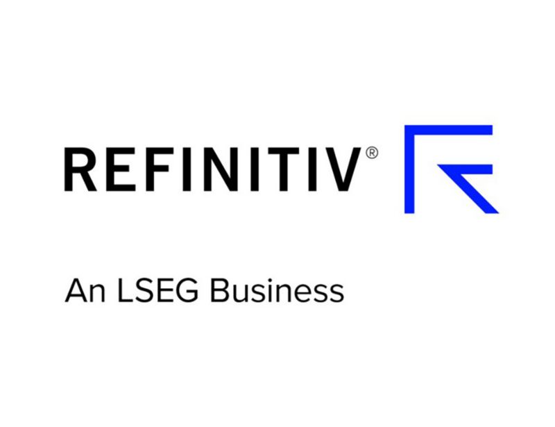 The logo of the word 'REFINITIV' with a blue arrow next to it. The words 'An LSEG Business' are underneath
