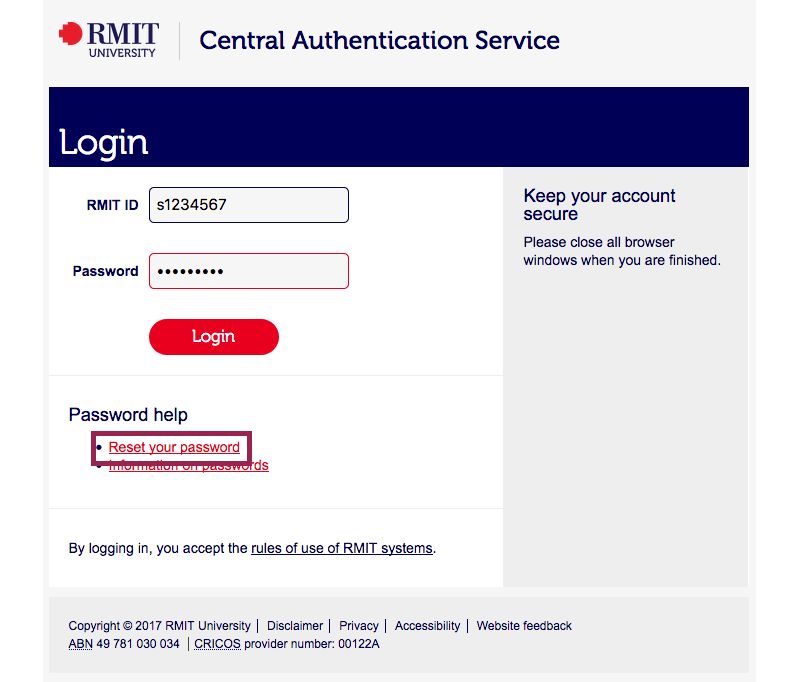 Central Authentication Service login, select Reset your password