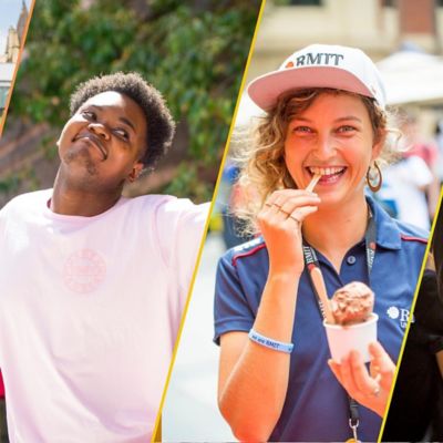 A student wearing an RMIT cap eats ice-cream while another dances.