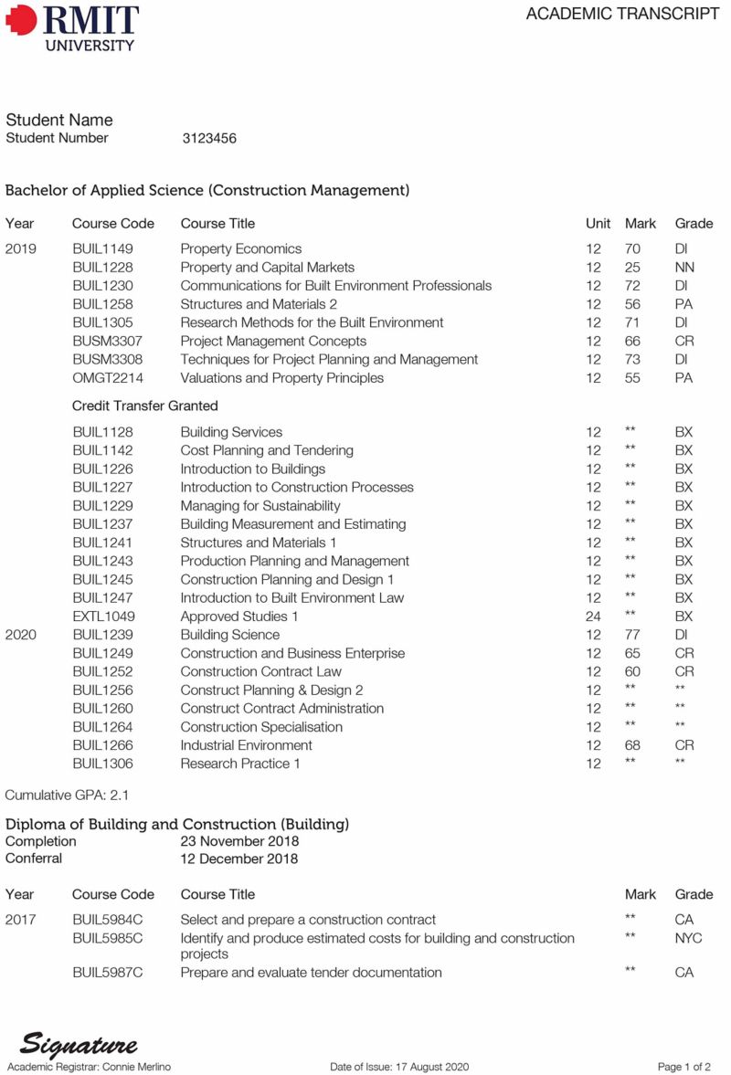 What Is A Degree Transcript Sample