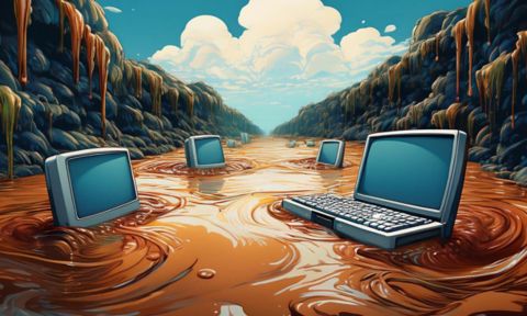 An AI-generated image of computers floating along a river of "slop"