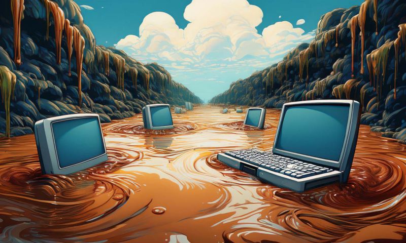 An AI-generated image of computers floating along a river of "slop"