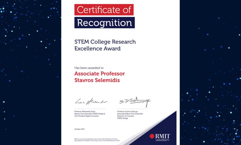 Picture of a vertical rectangular award document. The document header says "Certificate of Recognition". Underneath the header it says "STEM College Research Excellence Award" and "Has been awarded to Associate Professor Stavros Selemidis".
