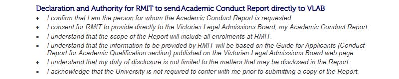 Declaration and authority statement for RMIT to send to VLAB