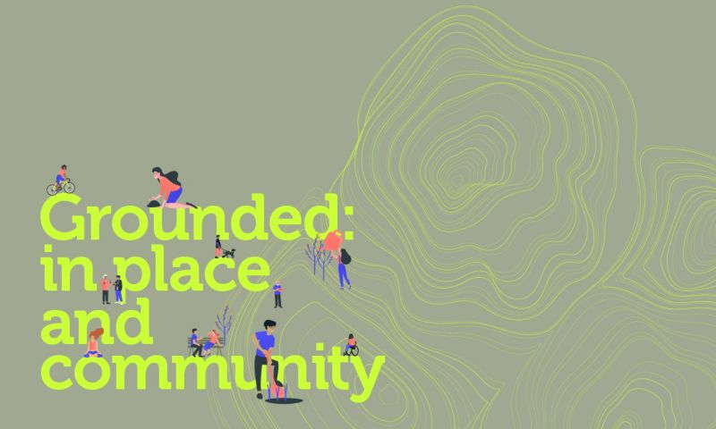 Light green text with colourful graphics on green background