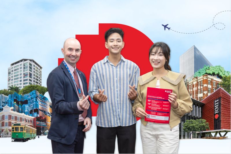 RMIT students and lectureres standing in front of a collage of RMIT campuses, city landmarks and study destinations in Vietnam