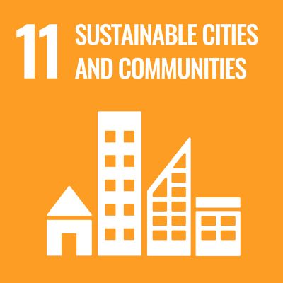 the phrase 11 sustainable cities and communities in white on an orange background