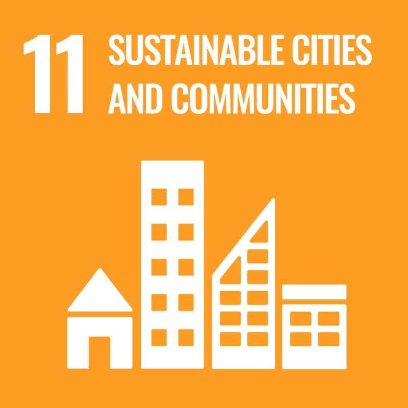 the phrase 11 sustainable cities and communities in white on an orange background