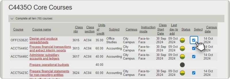 List of courses for VE international students to select