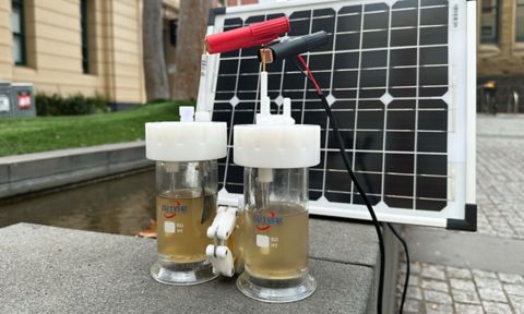 The team's experimental set up of hydrogen production using partially treated wastewater. Credit: Shu Shu Zheng, RMIT University