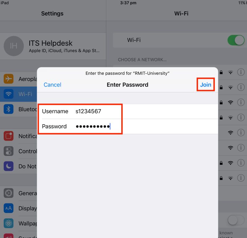 Tap Settings, then select Wi-Fi. Select RMIT-University and enter your RMIT staff ID and password, and tap Join