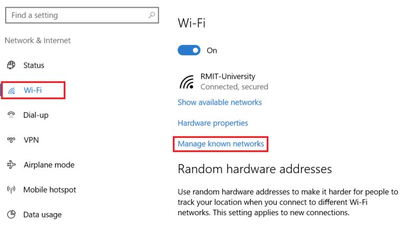 Select Wi-Fi, then click on Manage known networks.  Locate RMIT-University, click it and then click Forget.