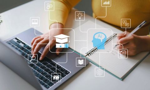 Person types on laptop with illustrations of AI overlaid on the top