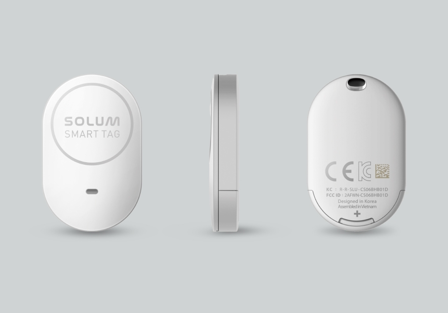 Standard BLE smart tag, front/side/back views.