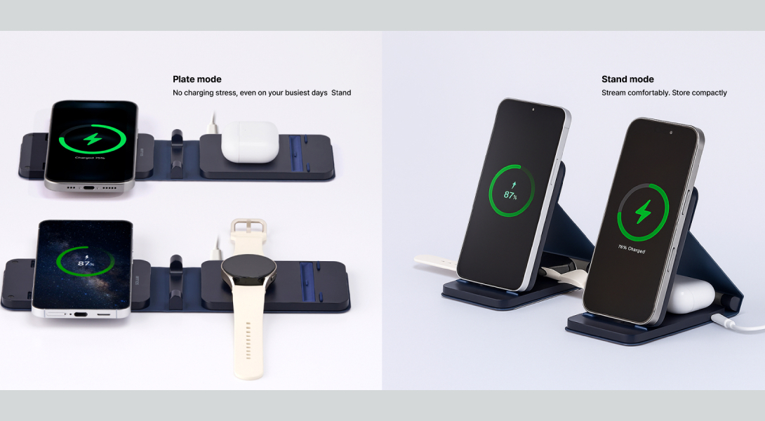 Charger offers plate mode for fast charging and stand mode for viewing content.