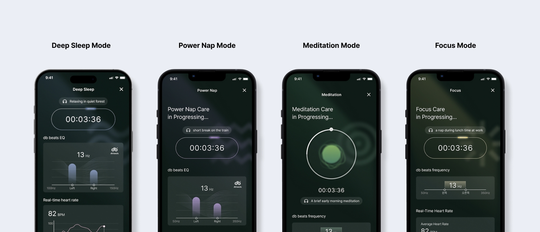 TWS for Meditation app screens with sleep and focus modes, real-time biometrics, and sound controls.