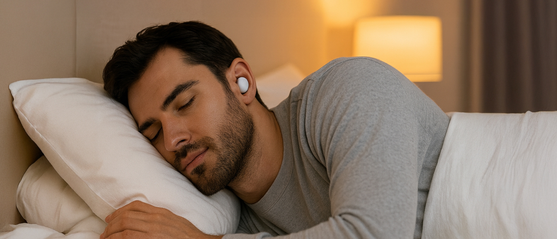 Man wearing For me buds™, enjoying a moment of relaxation.