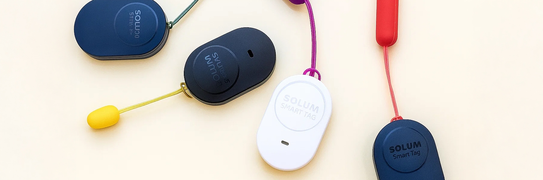 Smart tags in multiple colors with lanyards.