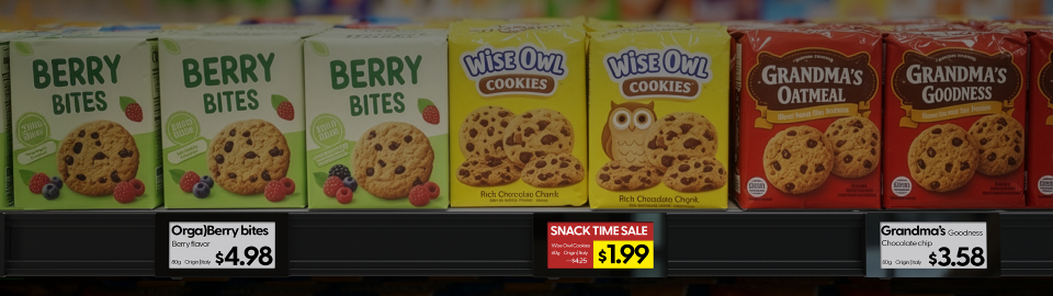 Electronic shelf labels showing dynamic prices and promotions on a store shelf.