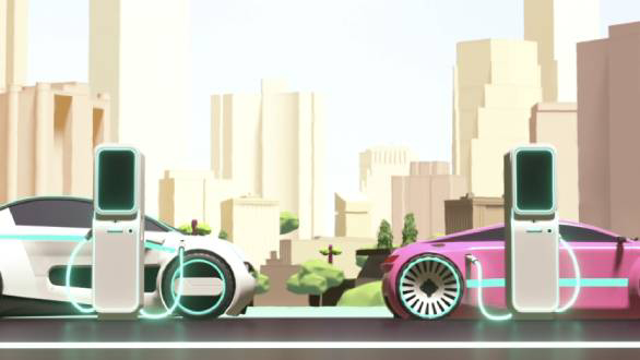 Electric vehicles charging at smart stations in a modern cityscape, illustrating stable power output.