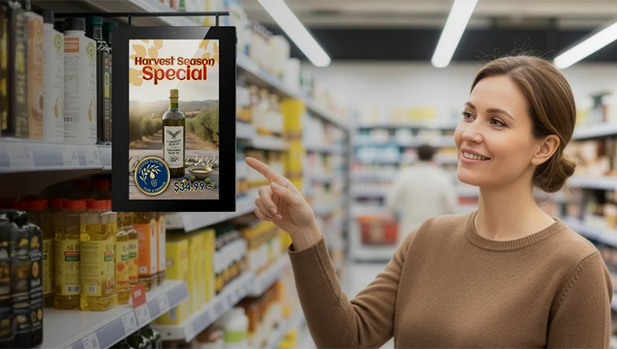 Promotional pricing displayed on a Solum digital shelf label as a customer interacts with the product