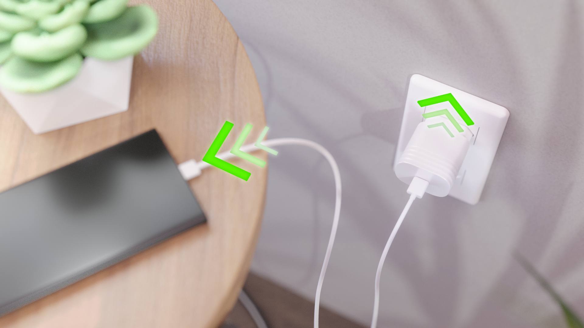 A smartphone connected to a wall outlet via a white charging cable, with green directional arrows illustrating fast power transfer from the outlet to the device.