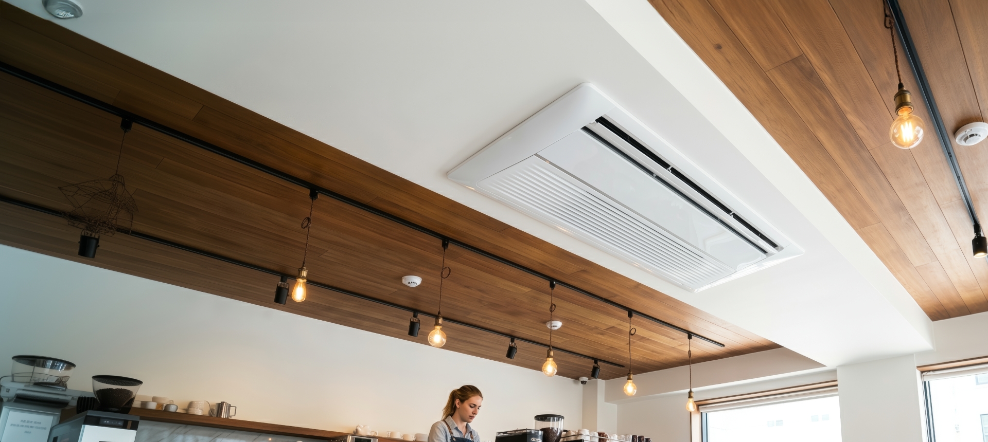 Ceiling-mounted heating and cooling unit in a store.