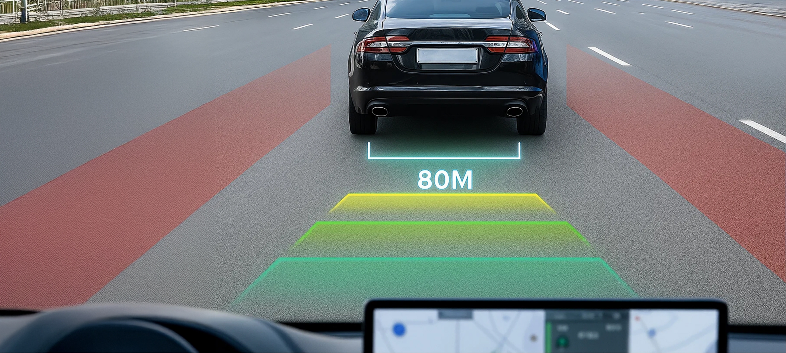 Auto auf Autobahn mit HUD, 80 m Abstand und Sicherheitszonen.
