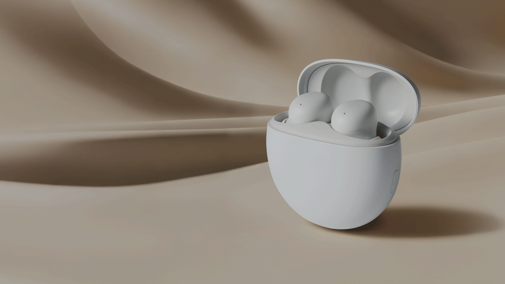 Meditation TWS earbuds in open case on soft beige background.