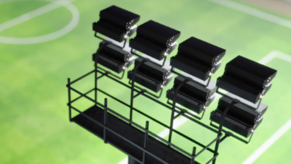 Close-up of stadium LED lighting module on a simulation grid, representing end-to-end lighting production capabilities.