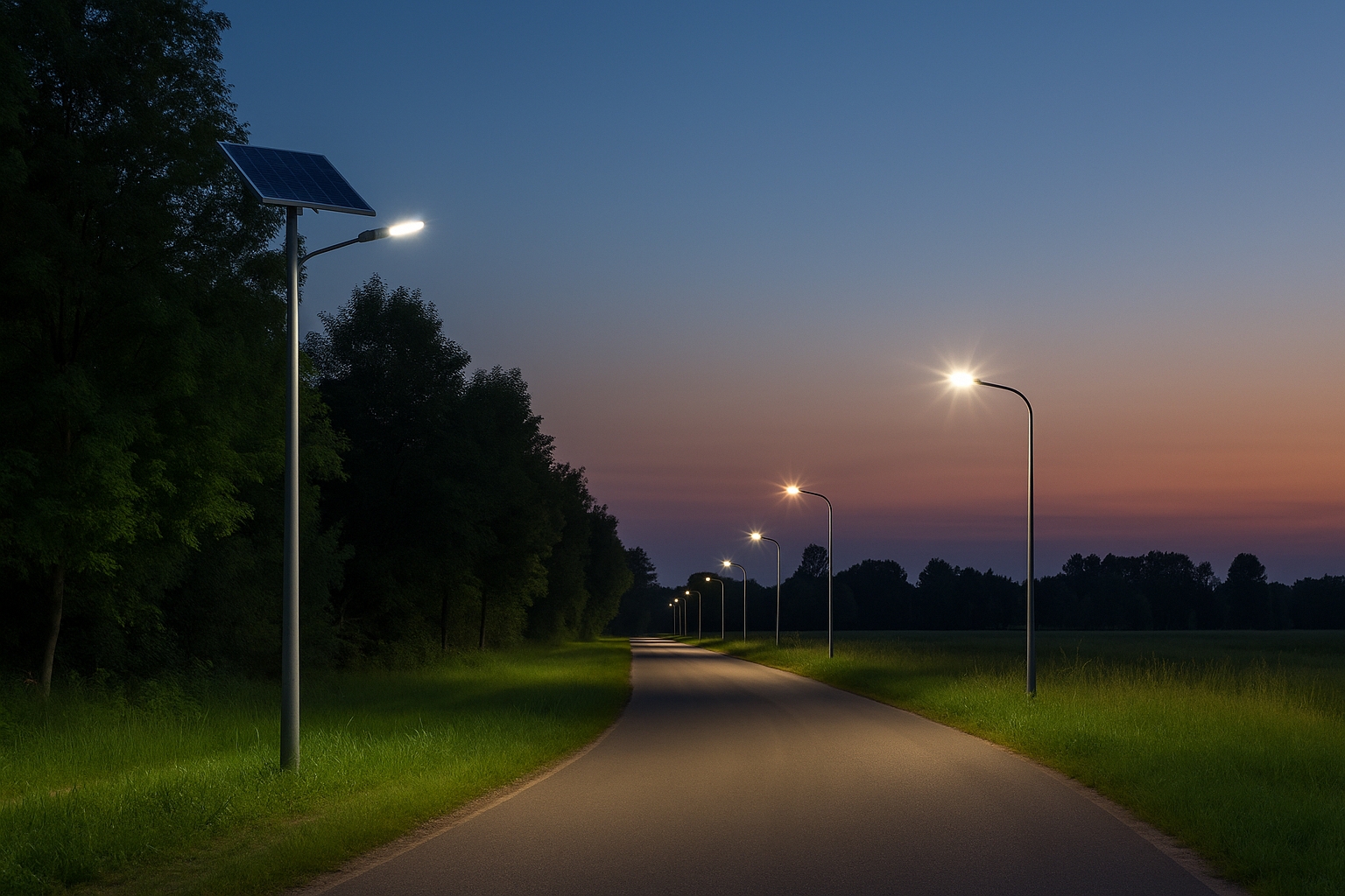 Solarstraßenlaternen beleuchten eine Straße in der Abenddämmerung.