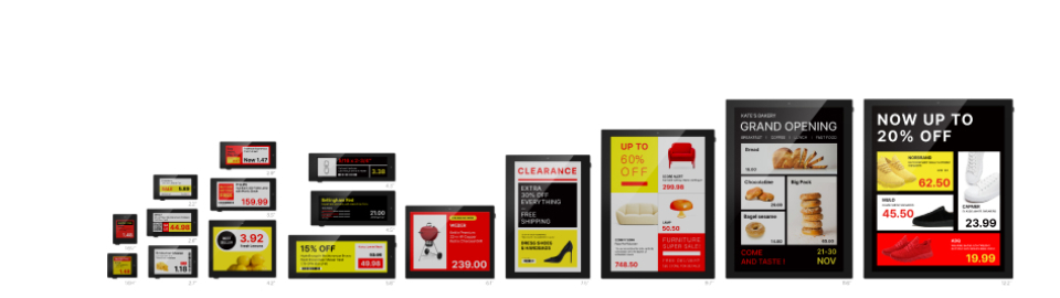 ESL product lineup with various electronic shelf labels.