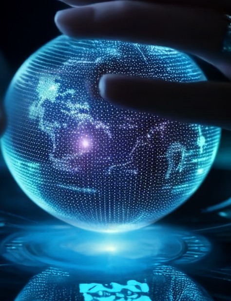 Glowing holographic globe with a hand hovering above it