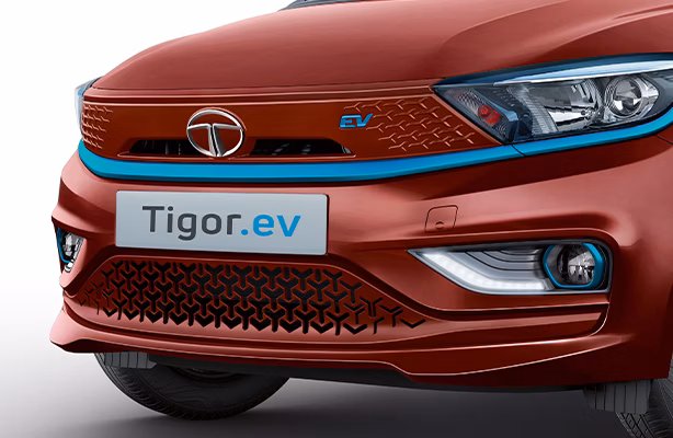 A bold EV front grille with EV Blue Humanity Line