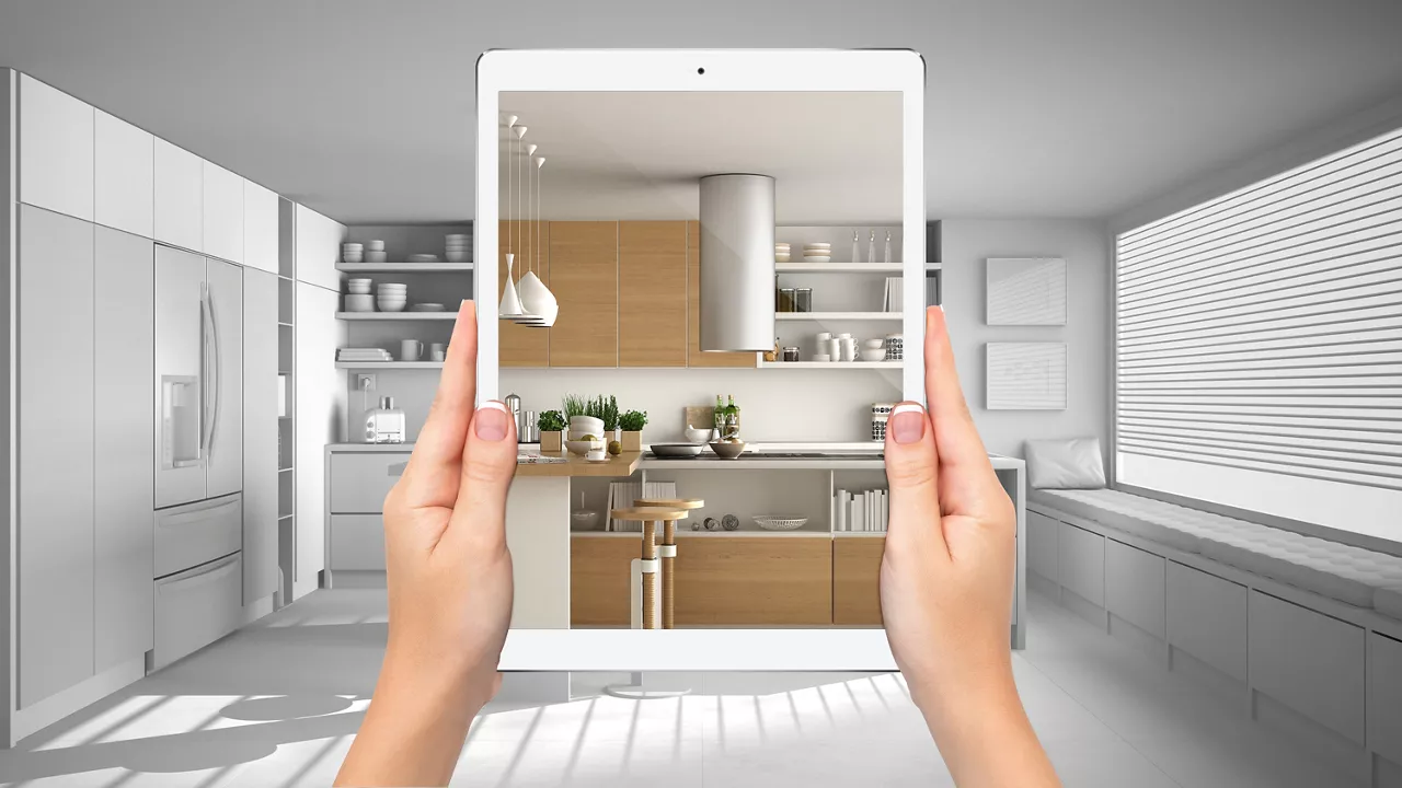 Hands holding tablet showing modern white and wooden kitchen, total blank project background, augmented reality concept, application to simulate furniture and interior design products, 3d illustration