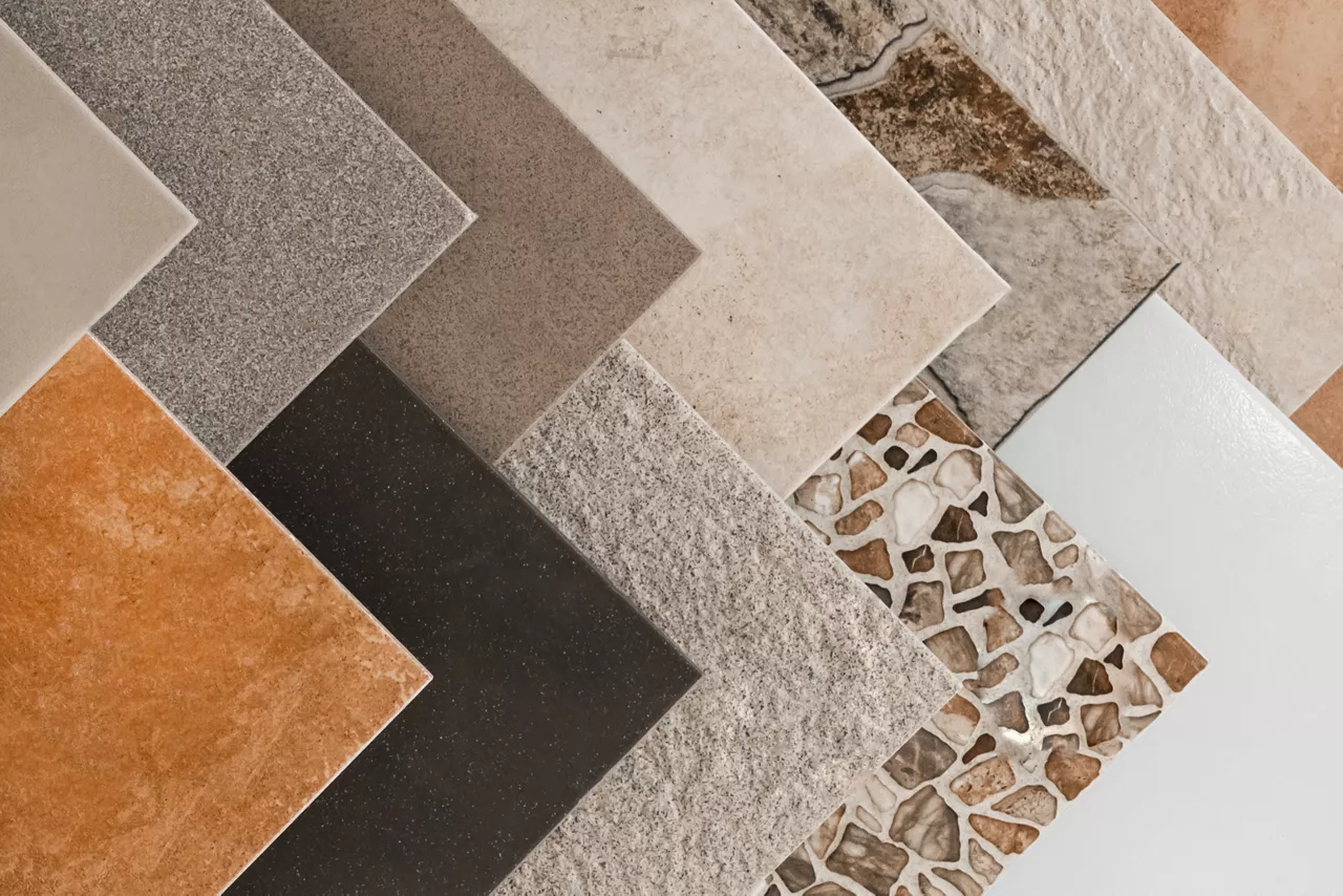 Colored samples of ceramic tiles for kitchen or bathroom interior material design of house, floor, porcelain stoneware.